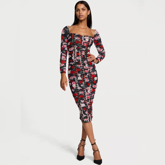 NWT Victoria's Secret Atelier Noir Floral Shirred Mesh Lace-Up Midi Dress M - Picture 15 of 15